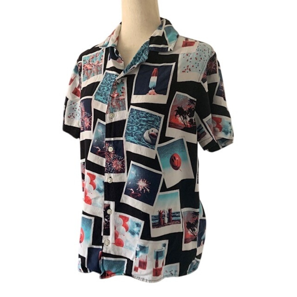 Original Use Black Button-Down Shirt with Teal, Red and White Photo Print